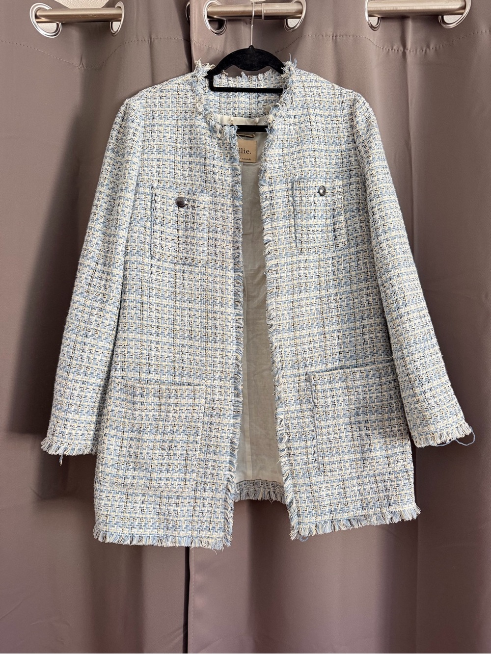 Elie Tahari Light Blue Tweed Fringe Collarless Jacket